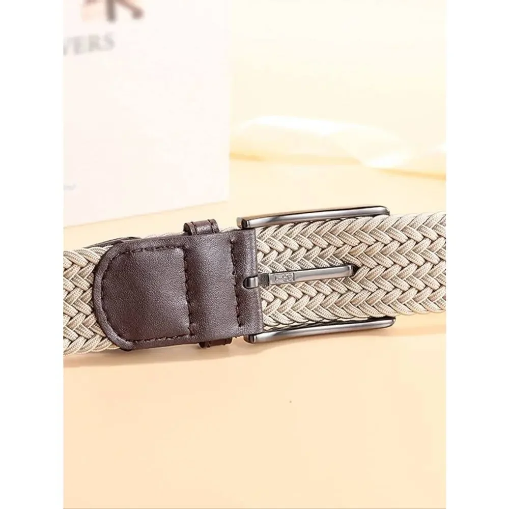 Men's Woven Stretch Belt Beige Tan Brown Leather Trim XL 42-44